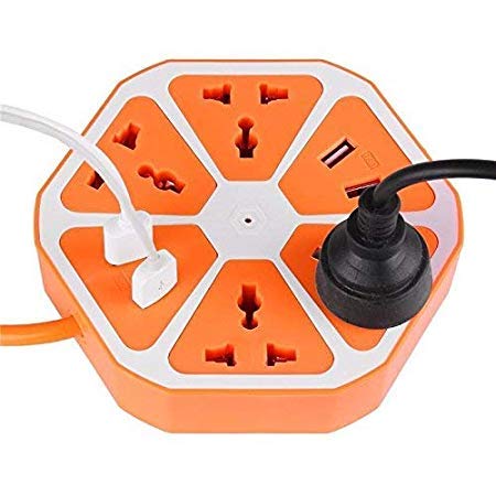 Hexagon Extension Board with 4 USB Ports, 2500W Power Socket, 1 Mtr Surge Protection Cord, Multi-Faced Safety Outlets