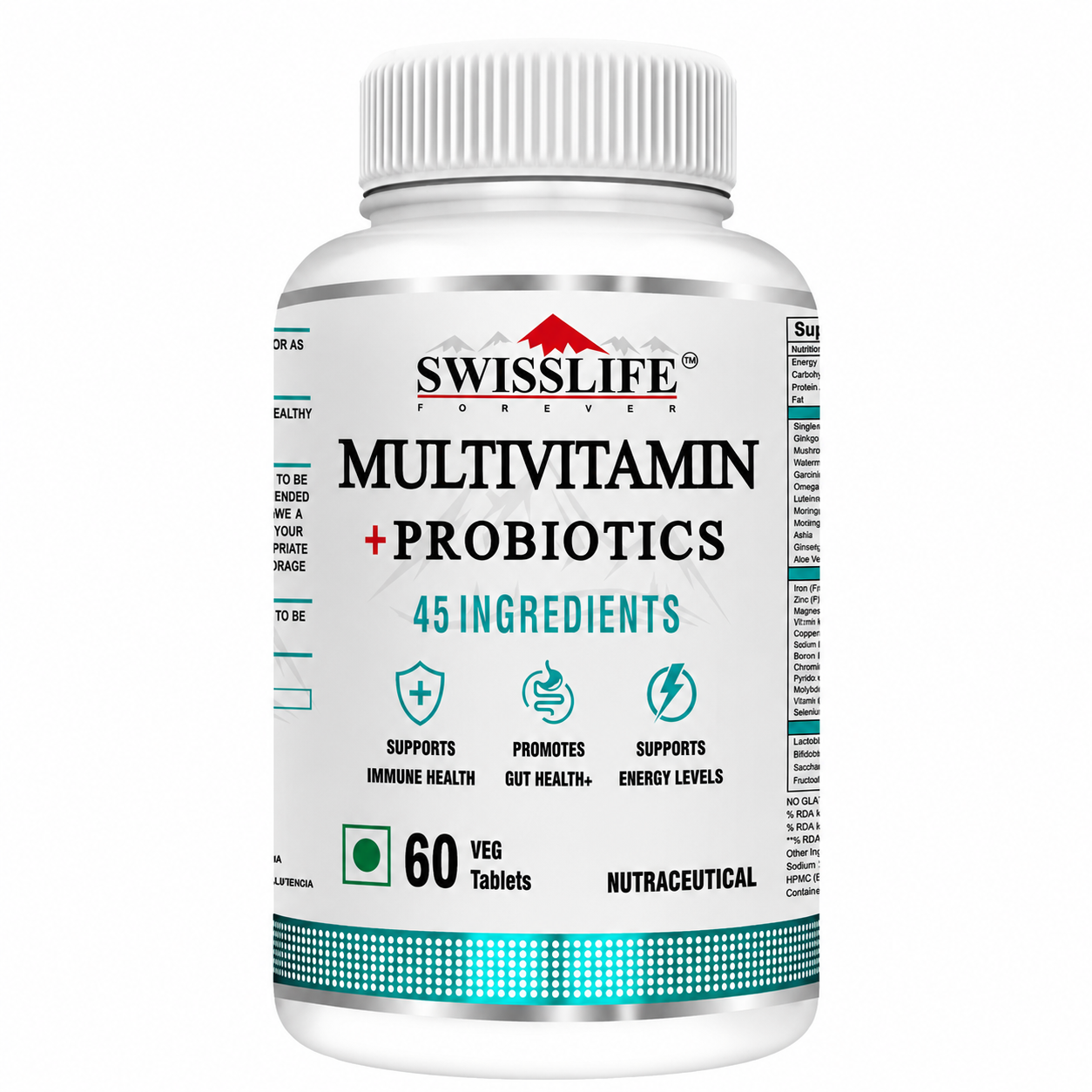 SwissLife Forever Multivitamin with Probiotics | 45 Ingredients with Vitamins A, B Complex, C, D, E, Zinc, Biotin, Minerals & Giloy | For Men & Women | (60 Tablets)