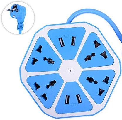 Hexagon Extension Board with 4 USB Ports, 2500W Power Socket, 1 Mtr Surge Protection Cord, Multi-Faced Safety Outlets