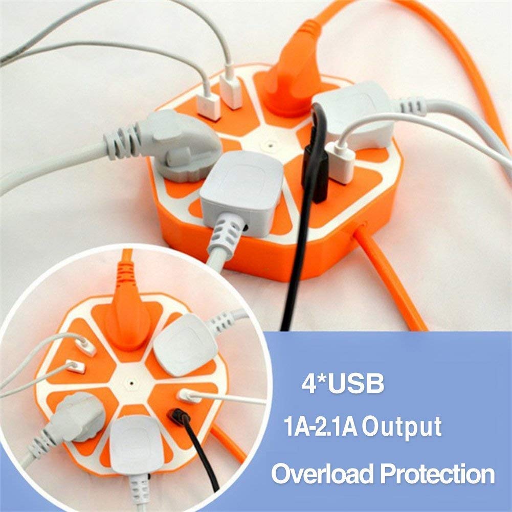 Hexagon Extension Board with 4 USB Ports, 2500W Power Socket, 1 Mtr Surge Protection Cord, Multi-Faced Safety Outlets