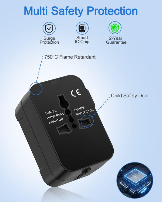 USB Universal Travel Adapter, International All in One Worldwide Travel Adapter USB 2.1A,  (Black)