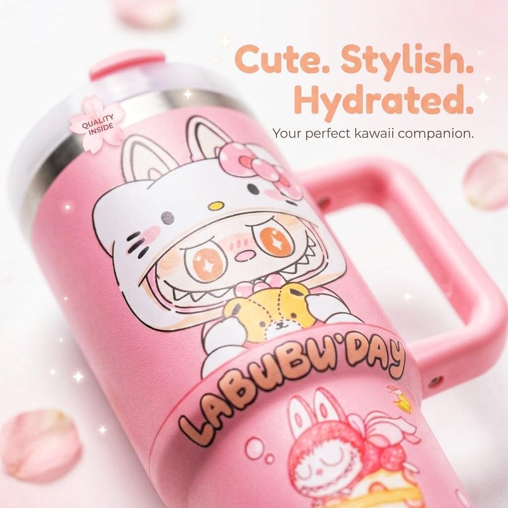 Kawaii Stainless Steel Tumbler with Handle & Straw