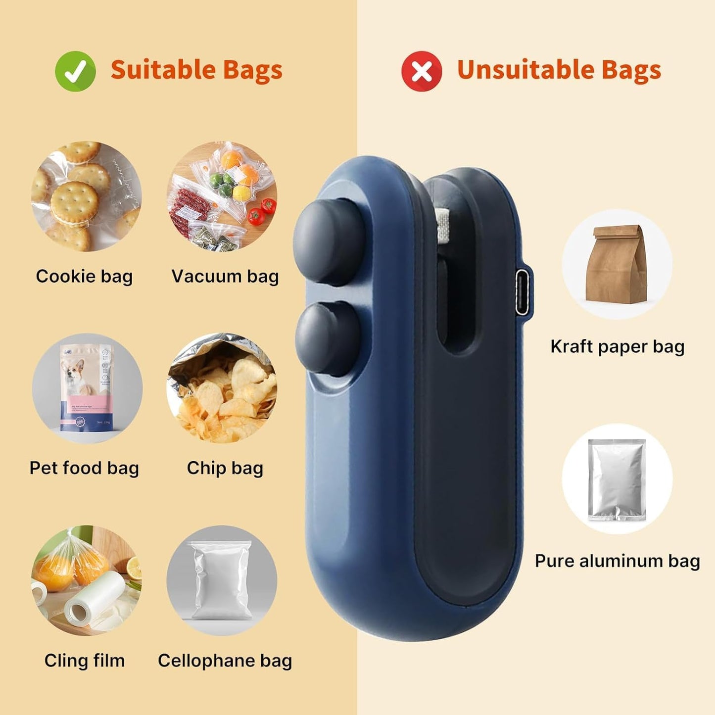 Portable Mini Sealing Machine, Handheld 2-in-1 Heat Sealer and Cutter, Rechargeable Battery, Food Storage Bag Sealer for Snacks, Chips, Fresh Storage, Plastic Bags