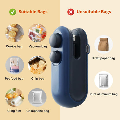 Portable Mini Sealing Machine, Handheld 2-in-1 Heat Sealer and Cutter, Rechargeable Battery, Food Storage Bag Sealer for Snacks, Chips, Fresh Storage, Plastic Bags