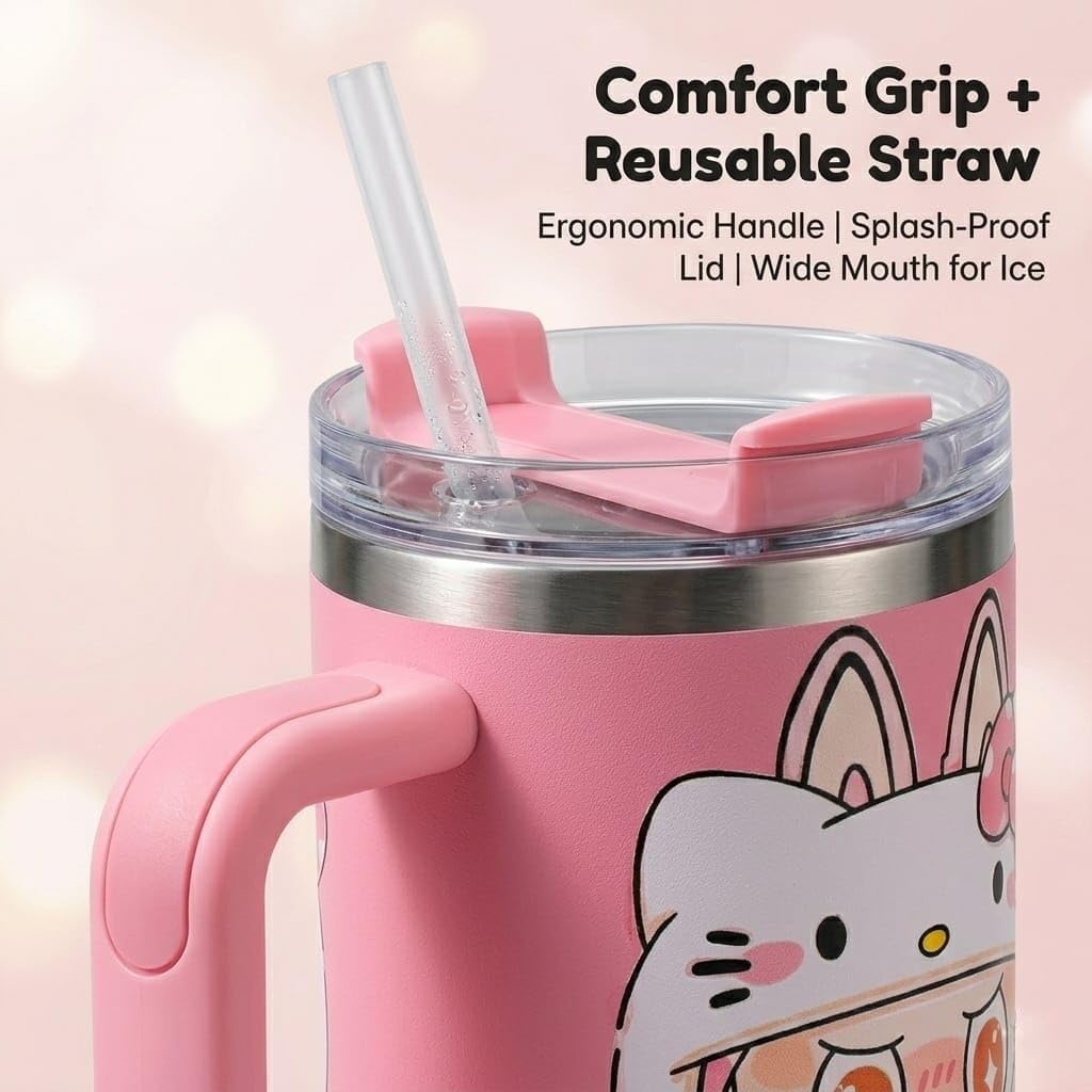 Kawaii Stainless Steel Tumbler with Handle & Straw