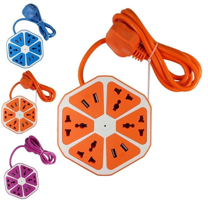 Hexagon Extension Board with 4 USB Ports, 2500W Power Socket, 1 Mtr Surge Protection Cord, Multi-Faced Safety Outlets