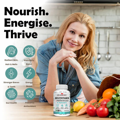 SwissLife Forever Multivitamin with Probiotics | 45 Ingredients with Vitamins A, B Complex, C, D, E, Zinc, Biotin, Minerals & Giloy | For Men & Women | (60 Tablets)