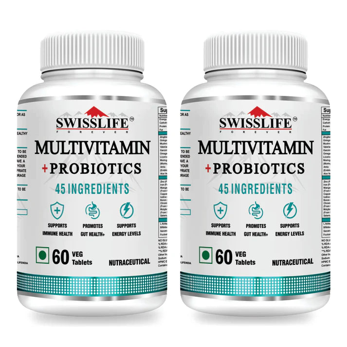 SwissLife Forever Multivitamin with Probiotics | 45 Ingredients with Vitamins A, B Complex, C, D, E, Zinc, Biotin, Minerals & Giloy | For Men & Women | 60 Tablets (Pack of 2)