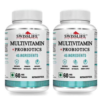 SwissLife Forever Multivitamin with Probiotics | 45 Ingredients with Vitamins A, B Complex, C, D, E, Zinc, Biotin, Minerals & Giloy | For Men & Women | 60 Tablets (Pack of 2)