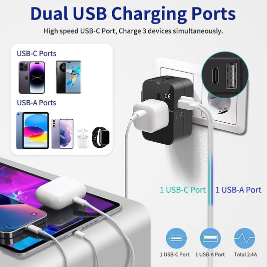 USB Universal Travel Adapter, International All in One Worldwide Travel Adapter USB 2.1A,  (Black)