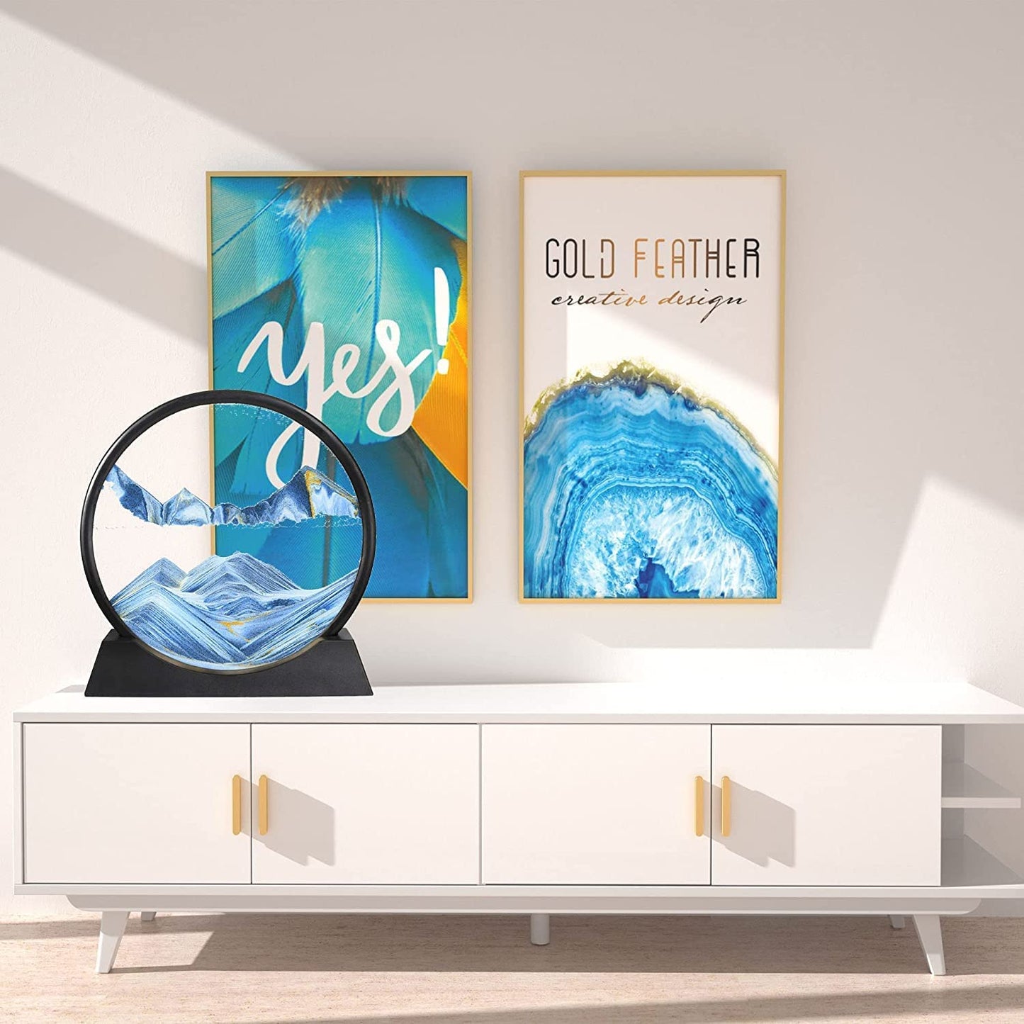 3D Dynamic Sand Art Picture Glass Frame 7.5 inch, Moving Sand Art Liquid Motion Sandscapes Showpieces | Stress Reliever, Quicksand Relaxing Painting Home Office Desktop Decoration (Yellow)