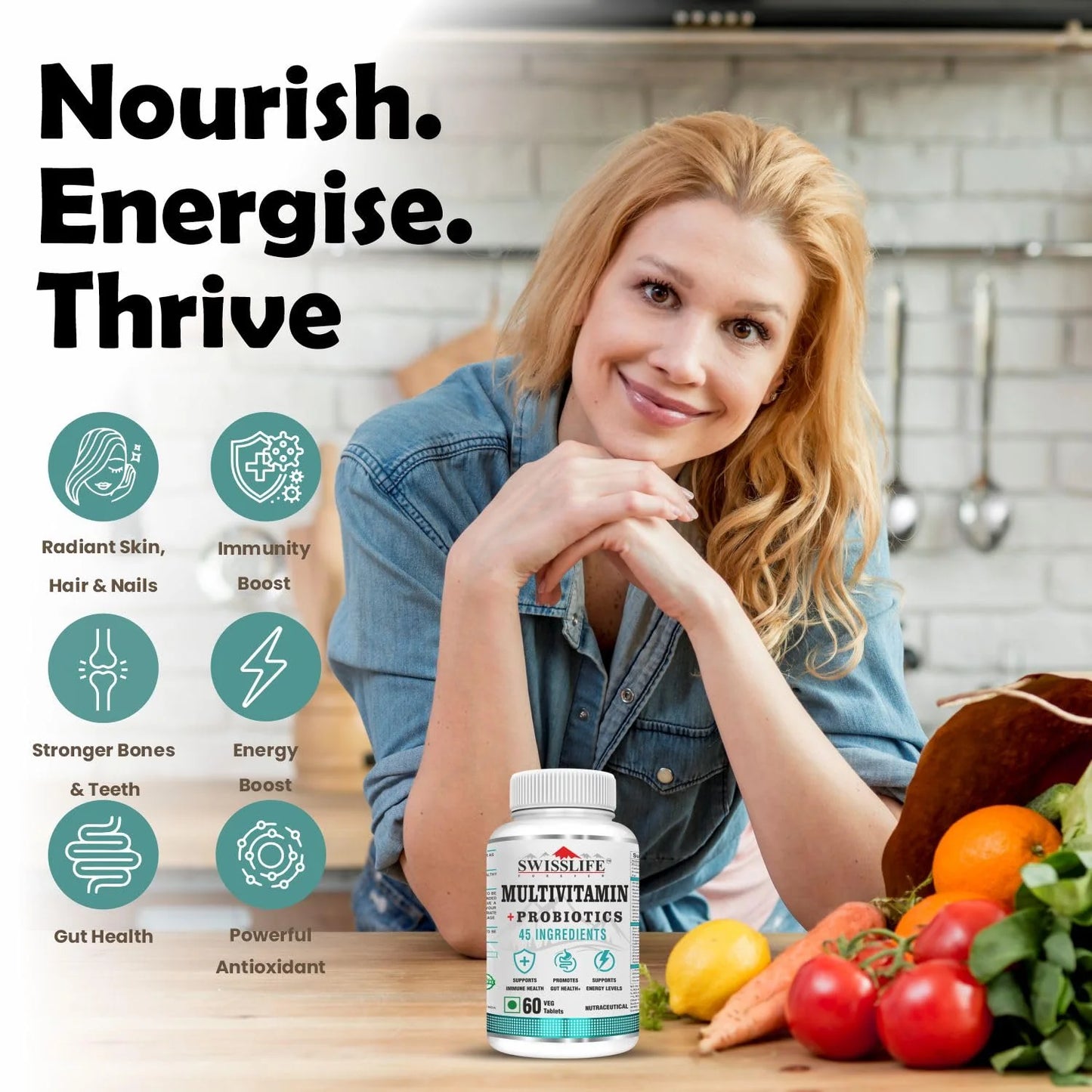 SwissLife Forever Multivitamin with Probiotics | 45 Ingredients with Vitamins A, B Complex, C, D, E, Zinc, Biotin, Minerals & Giloy | For Men & Women | 60 Tablets (Pack of 2)