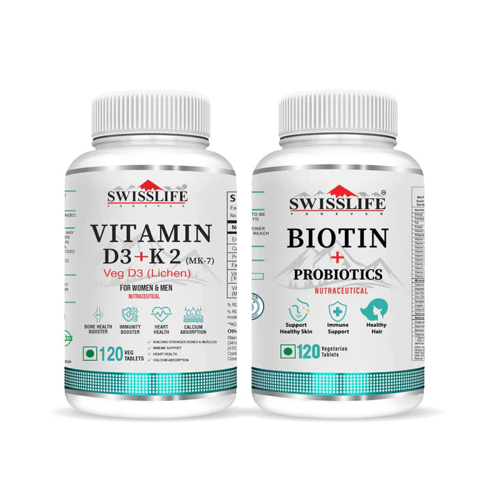 SwissLife Forever Combo Pack of Vitamin D3 +k2 Tablets with Biotin Probiotics Tablets (120 Tablets Each)