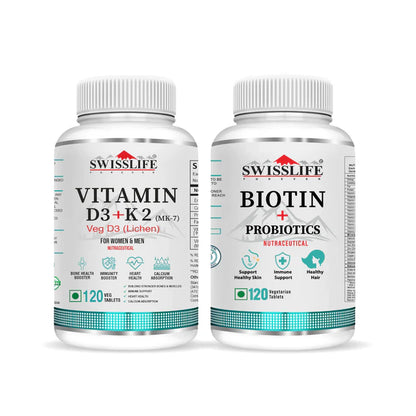 SwissLife Forever Combo Pack of Vitamin D3 +k2 Tablets with Biotin Probiotics Tablets (120 Tablets Each)