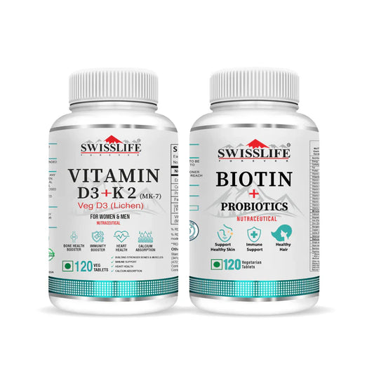SwissLife Forever Combo Pack of Vitamin D3 +k2 Tablets with Biotin Probiotics Tablets (120 Tablets Each)