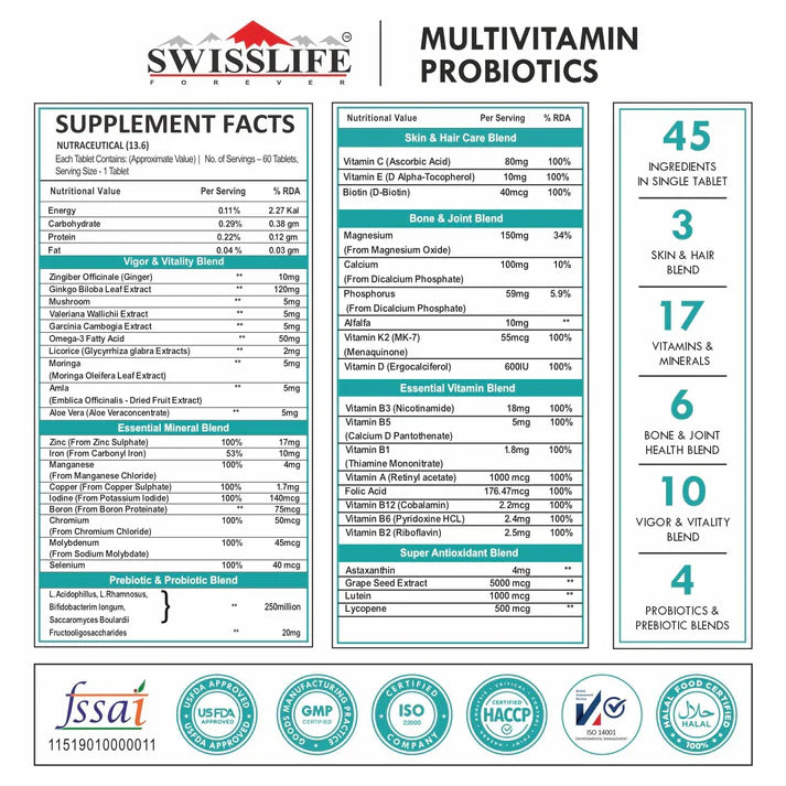 SwissLife Forever Multivitamin with Probiotics | 45 Ingredients with Vitamins A, B Complex, C, D, E, Zinc, Biotin, Minerals & Giloy | For Men & Women | 60 Tablets (Pack of 2)