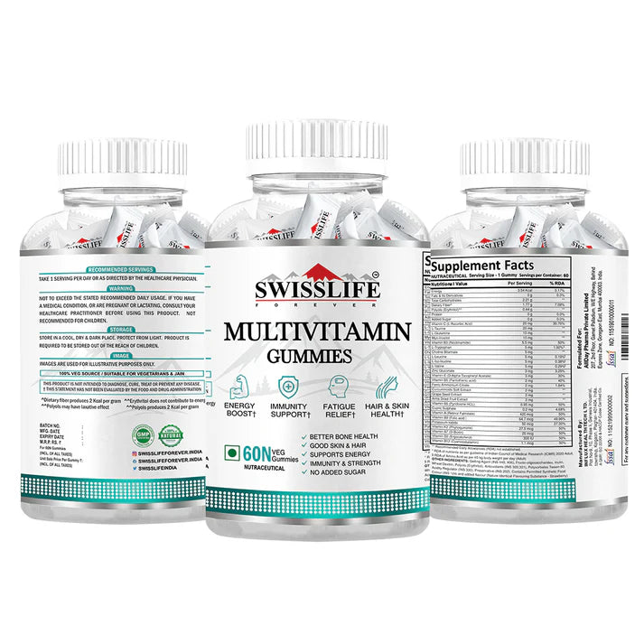 SwissLife Forever Multivitamin Gummies with Folic Acid & Vitamin C | Enriched with Vitamins A, D, E, B6, B9, B12 | Sugar-Free | Supports Immunity & Overall Health | 60 Veg Gummies