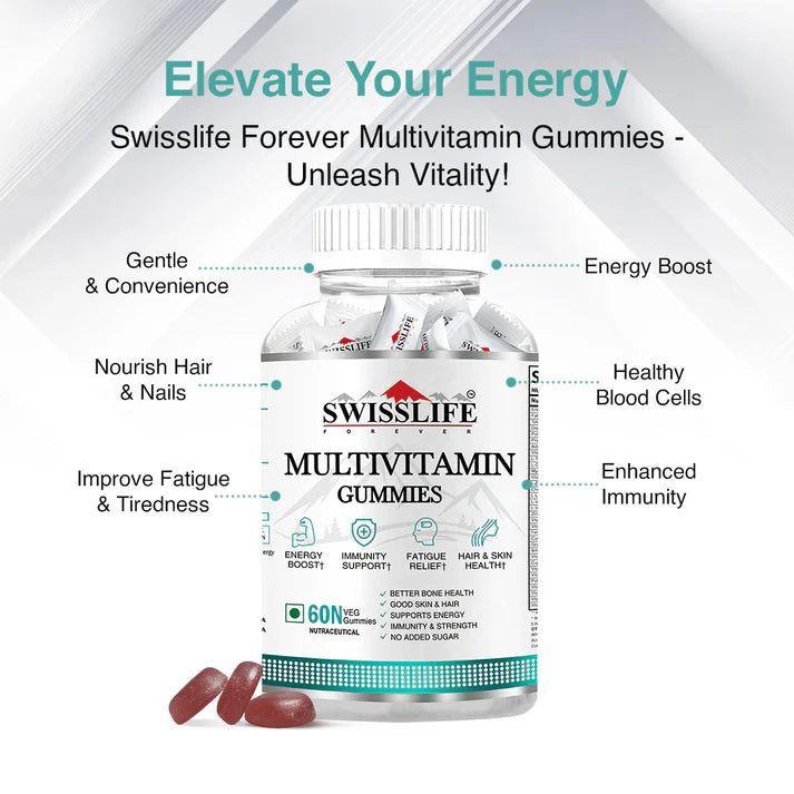 SwissLife Forever Multivitamin Gummies with Folic Acid & Vitamin C | Enriched with Vitamins A, D, E, B6, B9, B12 | Sugar-Free | Supports Immunity & Overall Health | 60 Veg Gummies