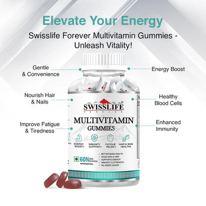 SwissLife Forever Multivitamin Gummies with Folic Acid & Vitamin C | Enriched with Vitamins A, D, E, B6, B9, B12 | Sugar-Free | Supports Immunity & Overall Health | 60 Veg Gummies