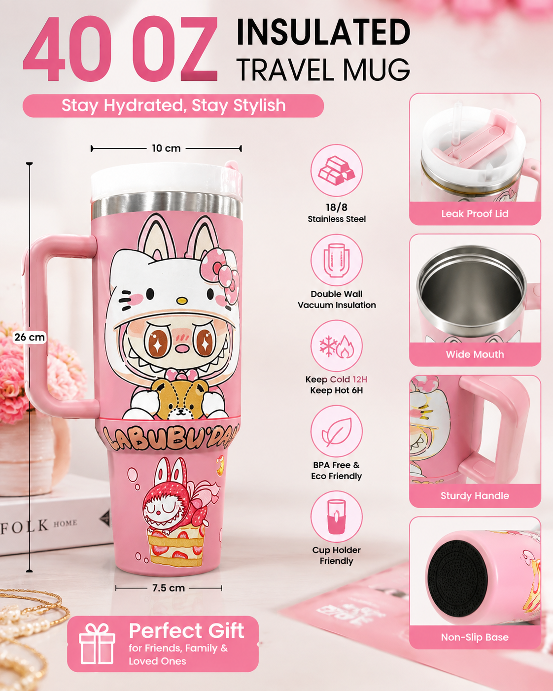 Kawaii Stainless Steel Tumbler with Handle & Straw