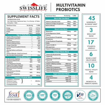 SwissLife Forever Multivitamin with Probiotics | 45 Ingredients with Vitamins A, B Complex, C, D, E, Zinc, Biotin, Minerals & Giloy | For Men & Women | (60 Tablets)