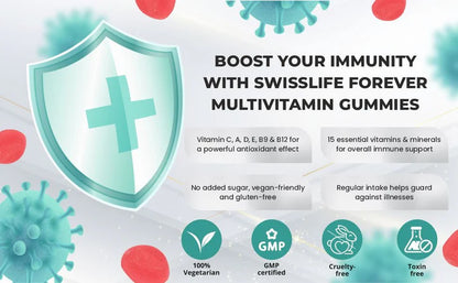 SwissLife Forever Multivitamin Gummies with Folic Acid & Vitamin C | Enriched with Vitamins A, D, E, B6, B9, B12 | Sugar-Free | Supports Immunity & Overall Health | 60 Veg Gummies