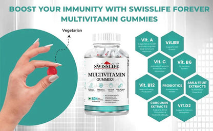 SwissLife Forever Multivitamin Gummies with Folic Acid & Vitamin C | Enriched with Vitamins A, D, E, B6, B9, B12 | Sugar-Free | Supports Immunity & Overall Health | 60 Veg Gummies